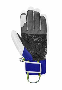 Goalkeeper glove featuring a textured black palm, white fingers, and a blue wrist strap. Includes a secure closure and grip pattern.