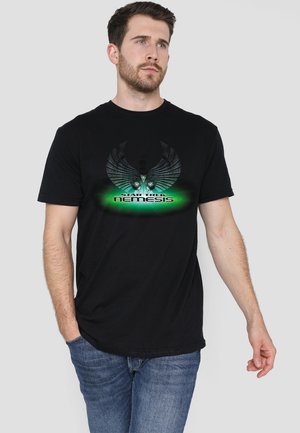 Black cotton t-shirt featuring a green and silver graphic design with wings and "Star Trek Nemesis" text at the center. Casual fit.