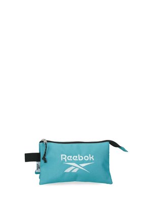 Pequeño bolso turquesa de Reebok con cremallera negra y logo blanco sobre fondo blanco.