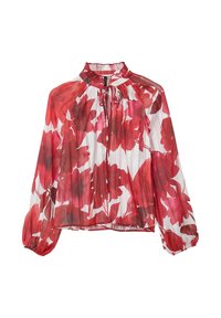 Flowy blouse with a high neckline and tie detail, featuring red floral patterns on a white background. Made of lightweight, pleated fabric.