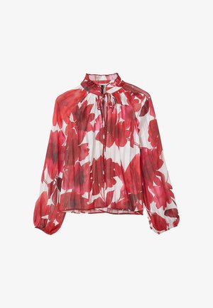 Blusa fluida con colletto alto e dettaglio in nodo, caratterizzata da motivi floreali rossi su sfondo bianco. Realizzata in tessuto leggero e plissettato.
