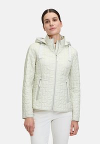Giacca trapuntata verde chiaro con cappuccio, dotata di zip frontale e tasche laterali. Ha una superficie liscia e dettagli in acciaio bianco a contrasto.