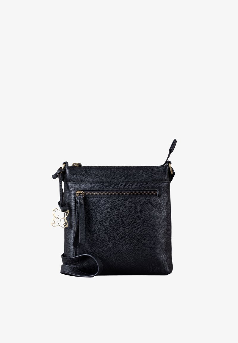 Black leather crossbody bag with textured surface, gold hardware, a front zip pocket, and a decorative charm attached to the strap.