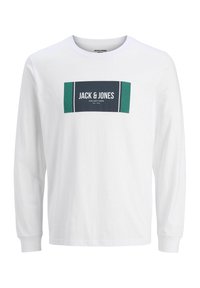 Balta ilgomis rankovėmis marškinėliai su priekiniais grafikos elementais, kuriuose užrašas "JACK & JONES" tamsiai mėlynos ir žalios spalvos stačiakampiais akcentais. Pagaminta iš medvilnės.