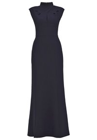 Marinblå, ärmlös maxiklänning med en figurnära överdel, nyckelhålsutskärning och asymmetriska plisseringar vid axlarna. Slät tyg med en svävande siluett.