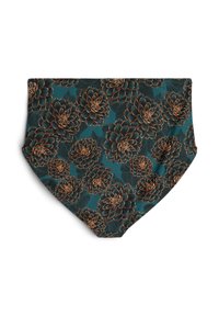 Ziedu peldbiksītes zilgani zaļā krāsā ar lieliem tumšiem ziediem, kuriem ir zelta kontūras. Augsta jostasvieta, gluda tekstūra un apaļa forma.