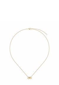 Naszyjnik w odcieniu złota z delikatnym łańcuszkiem i trzema splecionymi pierścieniami jako zawieszką. Wzór jest minimalistyczny o gładkiej fakturze.