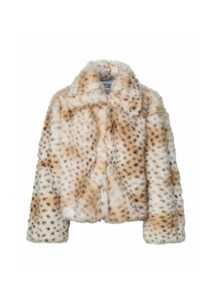 Kurtka z sztucznego futra o skróconym kroju, z kremowo-brązowym, cętkowanym wzorem, kołnierzem i długimi rękawami. Miękka tekstura.