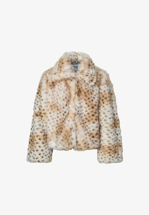 Kurtka z sztucznego futra o skróconym kroju, z kremowo-brązowym, cętkowanym wzorem, kołnierzem i długimi rękawami. Miękka tekstura.