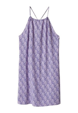 Robe violette à motifs avec un design fluide, des bretelles fines et un tissu léger orné d'un motif en forme de goutte d'eau.