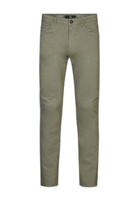 Pantalones verde oliva de corte recto, con cremallera y cierre de botón, cinco bolsillos y una suave tela de mezcla de algodón.