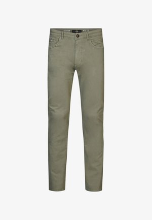 Olivgrüne Hose im geraden Schnitt, mit Reißverschluss und Knopfverschluss, fünf Taschen und einem glatten Baumwollmischgewebe.
