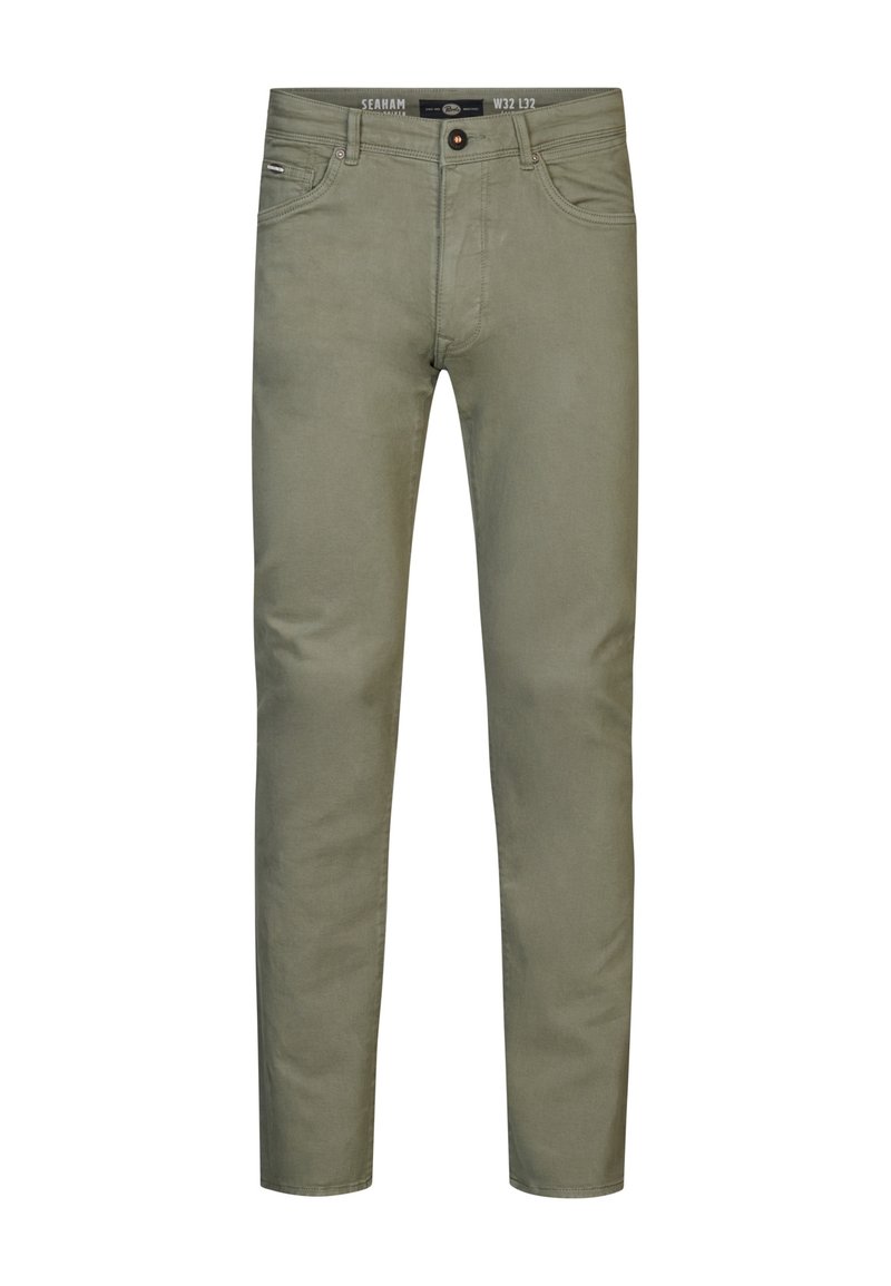 Pantalones verde oliva de corte recto, con cremallera y cierre de botón, cinco bolsillos y una suave tela de mezcla de algodón.