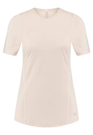 Maglietta sportiva beige chiaro a maniche corte con scollo tondo e sottili perforazioni lungo i lati per la ventilazione.