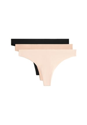 Tre stringtrosor staplade: en svart, en nude och en beige, som visar sin släta tyg och minimalistiska design mot en vit bakgrund.