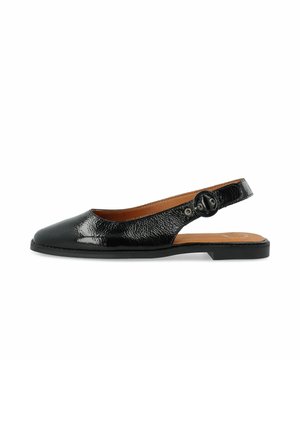 Black patent leather slingback shoe with a rounded toe, featuring a textured finish, adjustable buckle detail, and a flat sole.