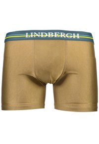 Ruske bokserice s prilagođenim dizajnom, izrađene od glatke tkanine, s teal pojasom sa bijelim i žutim trakama te logotipom "LINDBERGH".