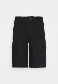 Shorts cargo noirs en tissu durable, dotés de deux poches latérales, d'une coupe droite et d'une fermeture à bouton à la taille.