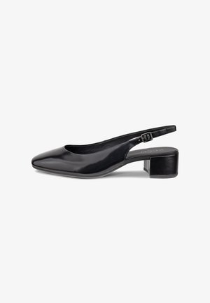 Schwarzer Slingback-Pumps aus Leder mit spitz zulaufender Zehenpartie, niedrigem Blockabsatz und einem kleinen, verstellbaren Schnallenriemen. Glatte Textur und minimalistisches Design.