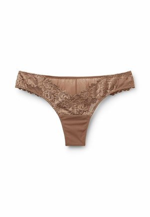 Kanten thong in een warme bruine kleur, met een decoratieve kantafwerking langs de tailleband en een gladde stof voor comfort.