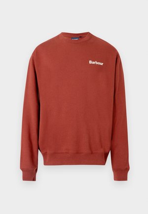 Felpa rossa rustic in cotone, con scollatura rotonda, polsini a coste e un logo bianco "Barbour" sul lato sinistro del petto.