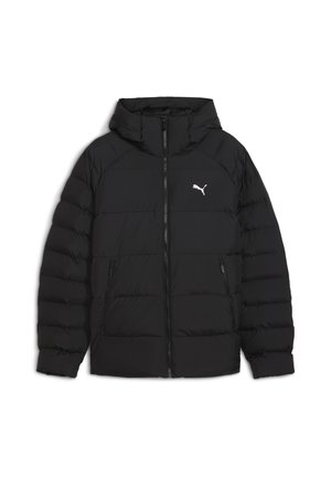 Doudoune noire avec capuche, fermeture éclair devant, poches latérales zippées et logo Puma blanc sur la poitrine gauche.