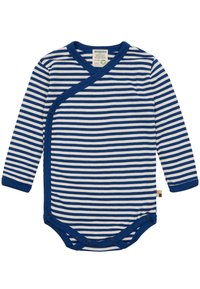 Body a maniche lunghe a righe blu e bianche, con un design avvolgente, chiusure a pressione sul fondo e scollatura a coste.