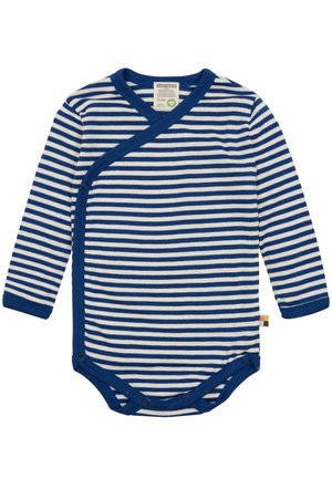 Body a maniche lunghe a righe blu e bianche, con un design avvolgente, chiusure a pressione sul fondo e scollatura a coste.