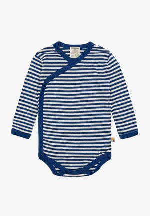Body a maniche lunghe a righe blu e bianche, con un design avvolgente, chiusure a pressione sul fondo e scollatura a coste.