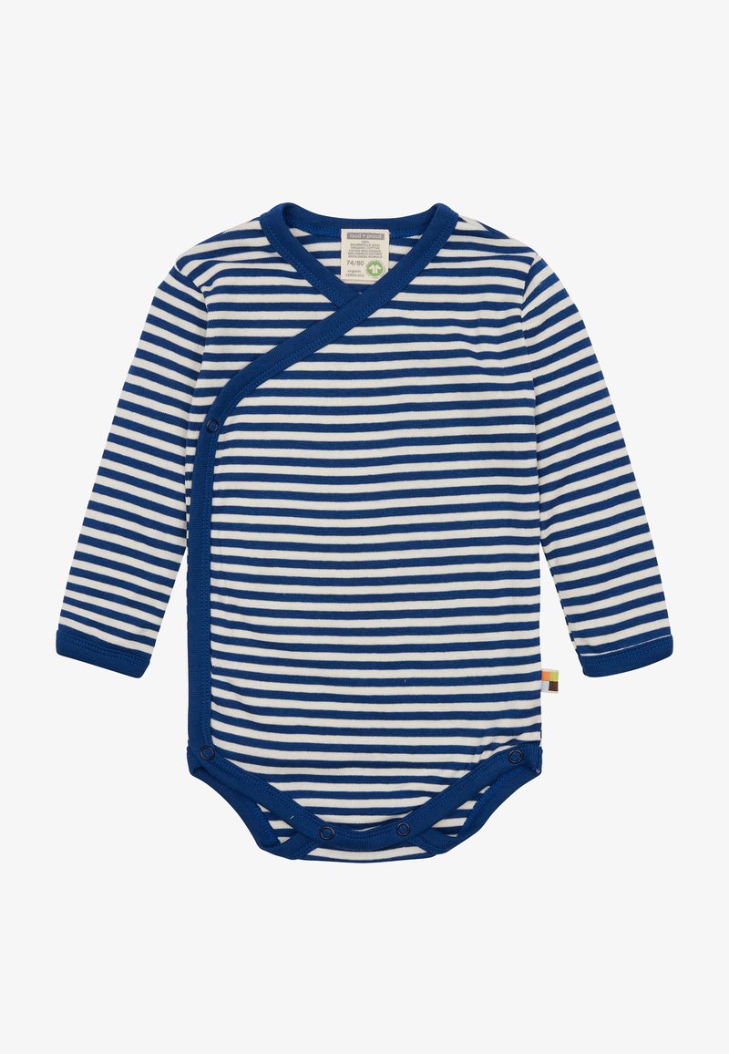 Gestreepte langemouwen rompertje in blauw en wit, met een wikkeldesign, drukknoopsluitingen aan de onderkant en een geribbelde halslijn.