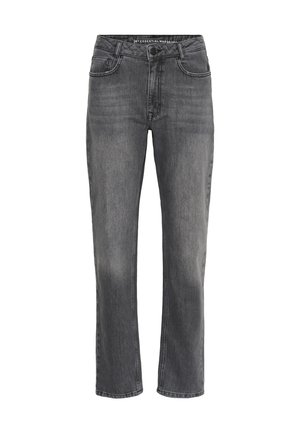 Grey straight-leg jeans with front button and zip closure, front and back pockets, and subtle fading on thighs and knees.