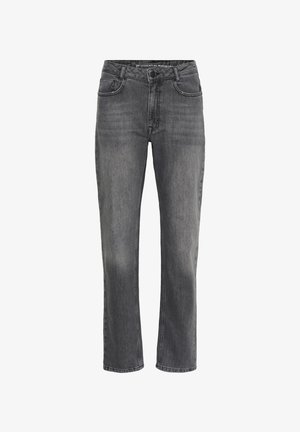 Grey straight-leg jeans with front button and zip closure, front and back pockets, and subtle fading on thighs and knees.