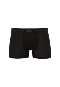 Black boxer shorts made of smooth fabric, featuring a green striped waistband and a contoured pouch for support.