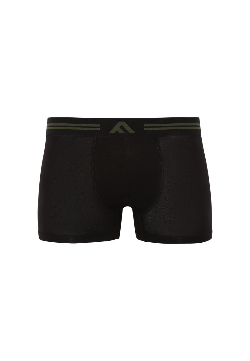 Black boxer shorts made of smooth fabric, featuring a green striped waistband and a contoured pouch for support.