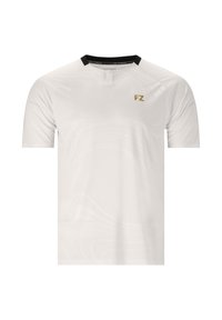 Valkoinen lyhythihainen paita, jossa on mustat kauluskorostukset ja hienovarainen rakenne. Rinnassa on kultainen "FZ"-logo. Sujuva ja kevyt kangas.