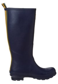 Botte de pluie en caoutchouc bleu marine avec un tige droite, surface texturée et une bande d'accent jaune sur le côté. Semelle épaisse avec un bon grip.