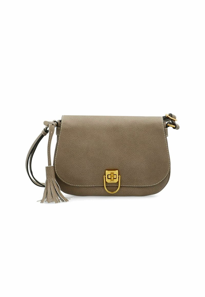 Borsa a tracolla in pelle grigia con pattina arrotondata, hardware dorato, chiusura a gancio e un nastro decorativo sulla tracolla. Finitura texturizzata.