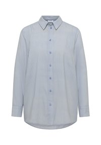Camicia a righe blu chiaro e bianco, maniche lunghe, con bottoni frontali, colletto, orlo arrotondato, materiale in cotone con texture liscia.