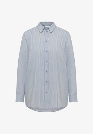 Hellblau-weiß gestreiftes Hemd, lange Ärmel, Knopfleiste, Kragen, abgerundeter Saum, Baumwollmaterial mit glatter Textur.