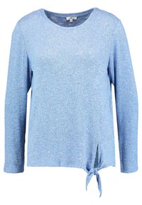 Ljusblå långärmad topp i texturerat material, med sidoknutdetalj och rund halsringning med en avslappnad passform.