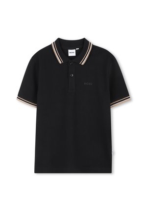 Polo noir à manches courtes avec deux boutons, col et manches à rayures beige et blanches, et logo "BOSS" subtil sur la poitrine.