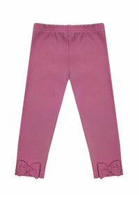 Różowe legginsy z elastycznym paskiem w talii, ozdobione kokardkami przy mankietach na kostkach. Gładka faktura i dopasowany krój odpowiedni na co dzień.