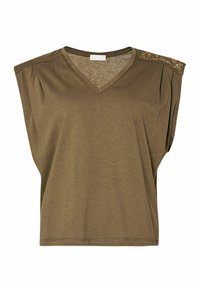 Olivově zelené tričko s výstřihem do V, krátkými širokými rukávy a detailem na ramenech. Měkká tkanina s nařasenými detaily na ramenou.