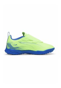 Neon green slip-on shoes with a textured upper, blue accents, and a rubber sole featuring a wave pattern for traction.