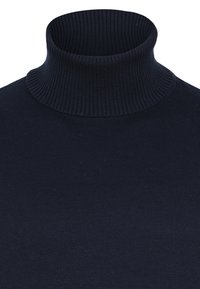 Pull en col roulé bleu marine en maille côtelée, avec une coupe ajustée et un col haut texturé.