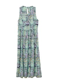Ärmelloses Kleid mit geometrischem Muster in Pastellfarben auf mintgrünem Hintergrund, mit gerafftem Taillengürtel und Schlüssel-Ausschnitt hinten.
