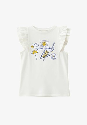 Top blanco sin mangas con volantes en los hombros y bordado azul y amarillo con temática marinera que incluye una concha, pez, sombrilla, silla y texto "ciao mare".