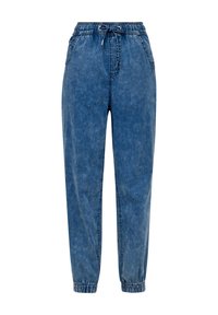 Džínové joggers v vybledlé modré barvě s elastickým pasem na šňůrku, bočními kapsami a elastickými manžetami pro tapered střih. Měkká, mírně texturovaná látka.