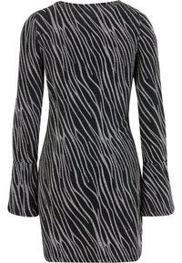 Robe noire à manches longues avec motif de rayures zébrées argentées et poignets évasés, vue de dos.