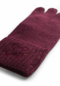Gant en laine bordeaux avec une texture douce, présentant une broderie florale sur le poignet et un design distinctif à quatre doigts.